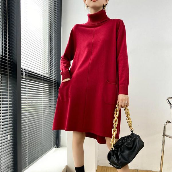 

thick warm knitted dress for women autumn and winter 2021 korean loose turtleneck sweater woman sheer jumper dresses lady casual, Black;gray