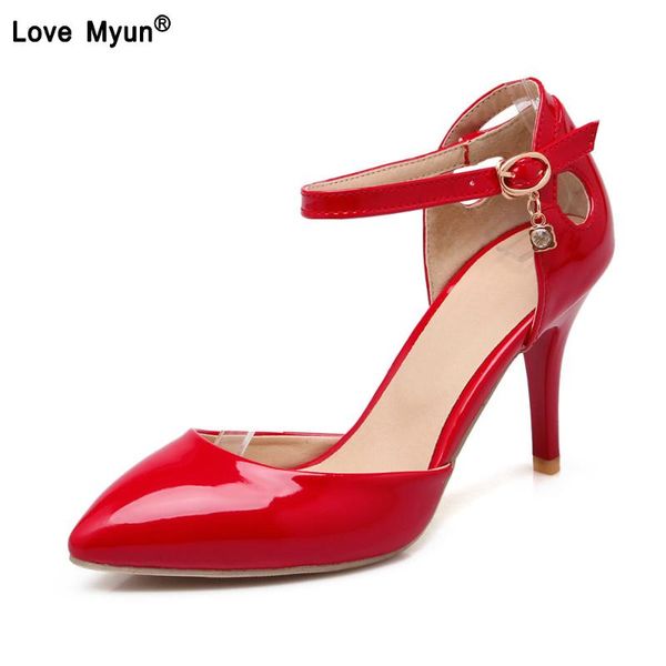 

women's pumps pointed toe patent leather high heels ankle strap ladies party wedding shoes silver red beige dress, Black