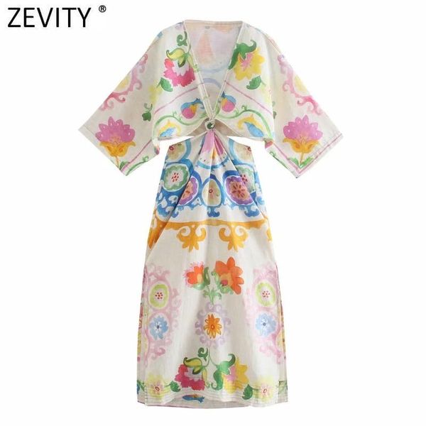 

casual dresses zevity women v neck floral print side split linen kimono midi dress female chic waist hollow out knotted vestido 8761, Black;gray