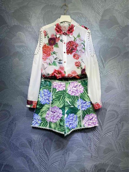 

two piece dress european and american spring high-quality lapel bead printing long-sleeved shirt + shorts set q88a, White
