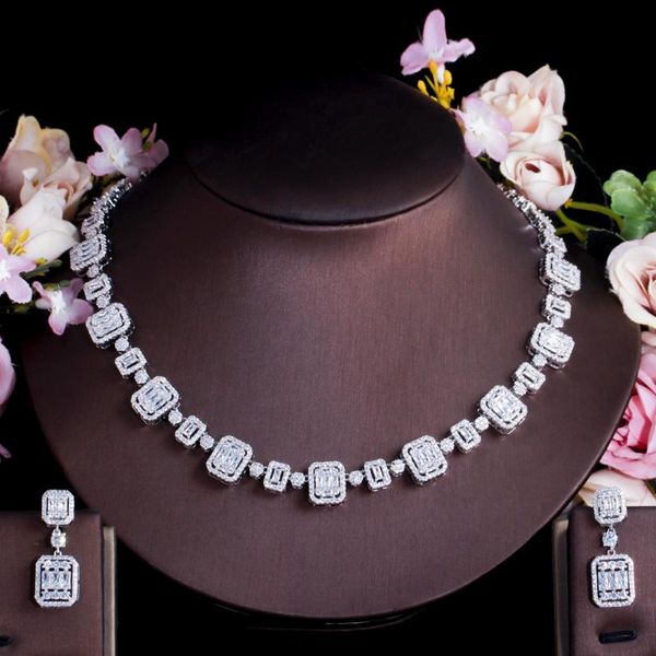 

earrings & necklace threegraces sparkling cubic zirconia silver color geometric square bridal wedding jewelry set for brides tz616