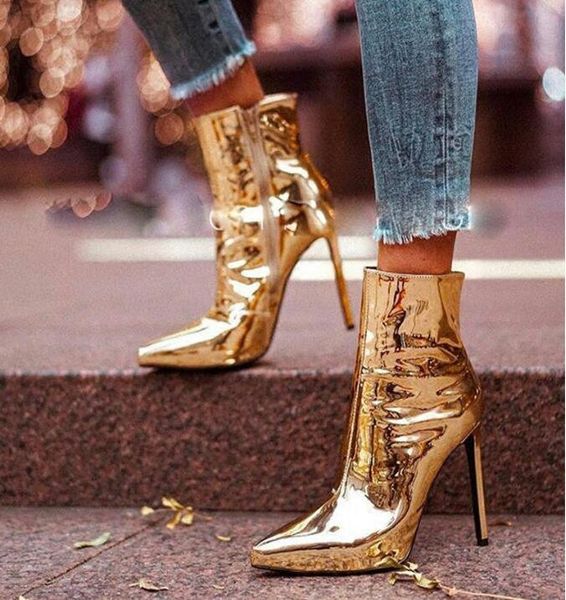 

boots gold patent leather high heel women pointed toe thin heels womens ankle shoes zipper size 34-42, Black