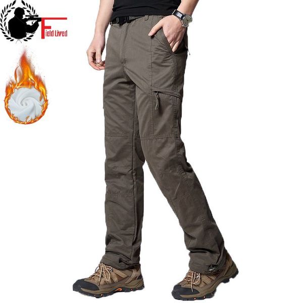 

men cargo pant winter thick warm pants full length multi pocket elastic waist fleece lined military baggy tactical trouser male 210518, Black