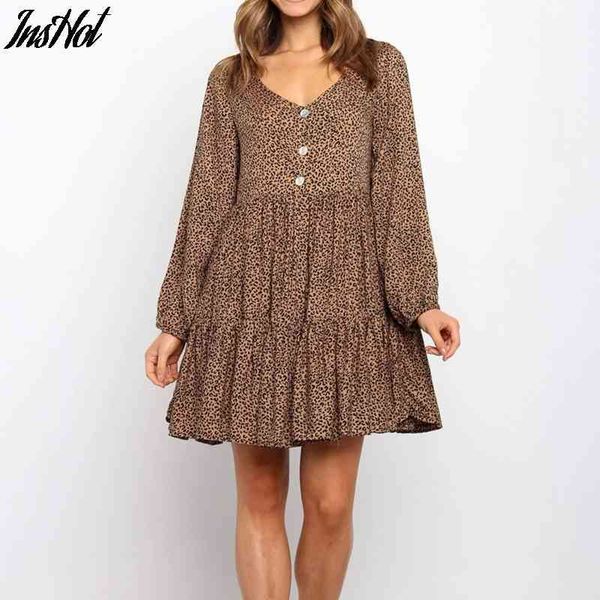 

leopard print v neck chiffon dress for women spring long sleeve party dress clothes summer casual beach dress 210514, Black;gray