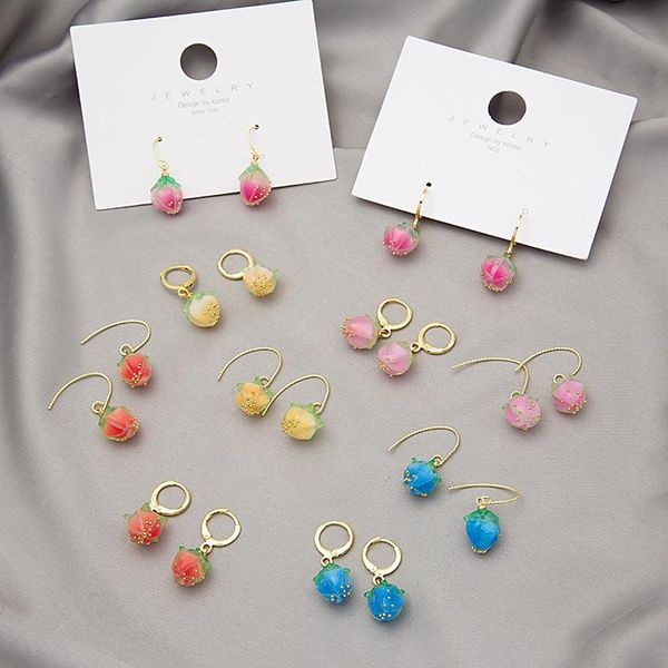 

hoop & huggie lovoacc sweet candy color flowers bud drop earrings for women 2021 summer cute peach fruit hanging dangle pendientes, Golden;silver