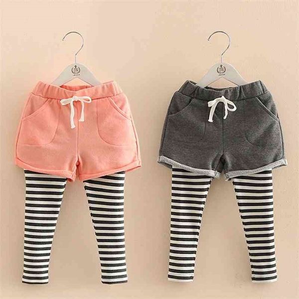 Frühling Herbst Korea 2 3 4 6 8 10 Jahre Kinder Taschenshorts Baby Culottes Spitzenrock Gestreifte Leggings für Baby Kinder Mädchen 210701