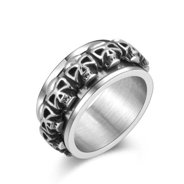 

skull rotating stainless steel band ring for men black gold jewelry gift, Silver