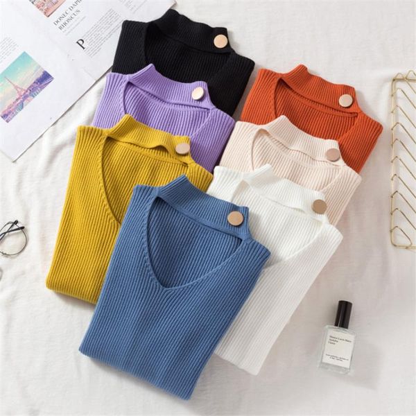 

women's sweaters 2021 fashion halter neck sweater women long sleeve solid basic female knitted pullover pull femme jumper winter, White;black