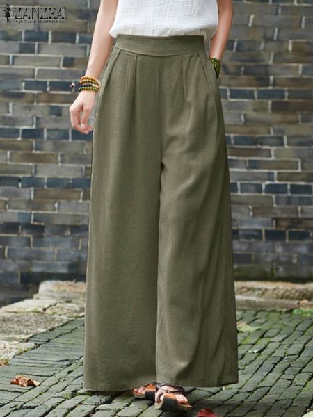 

zanzea elegant elastic waist pant 2022 spring solid loose pantalon palazzo cotton ol overall women casual retro wide leg trousercx220310, Black;white