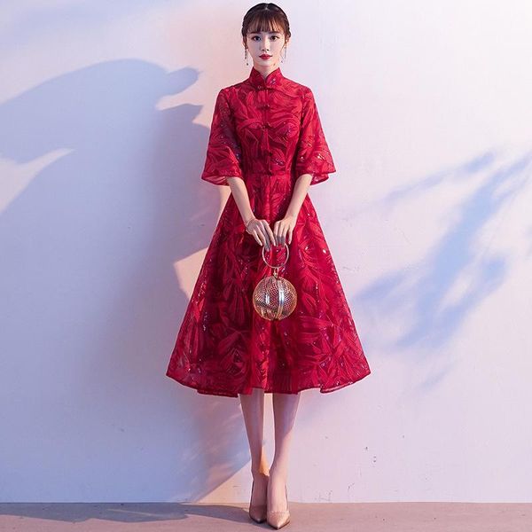 

oversize 3xl elegant wedding party dress a-line sequins bride flare sleeve evening slim banquet prom dess ethnic clothing, Red