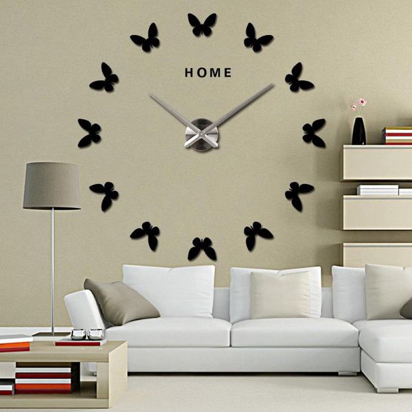 

butterfly big wall clock oversized 3d diy mirror acorn sticker home silent modern design decoration clocks