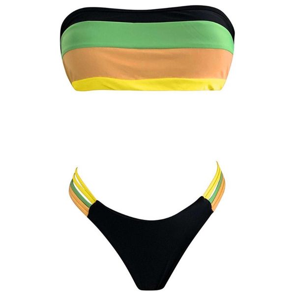 

one-piece suits women 2pcs rainbow striped print bikini set strapless bandeau tube swimsuit a69a