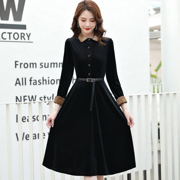 

winter velvet dress for women patchwork collar three quarter sleeve single-breasted slimming belt elegant female casual dresses, Black;gray