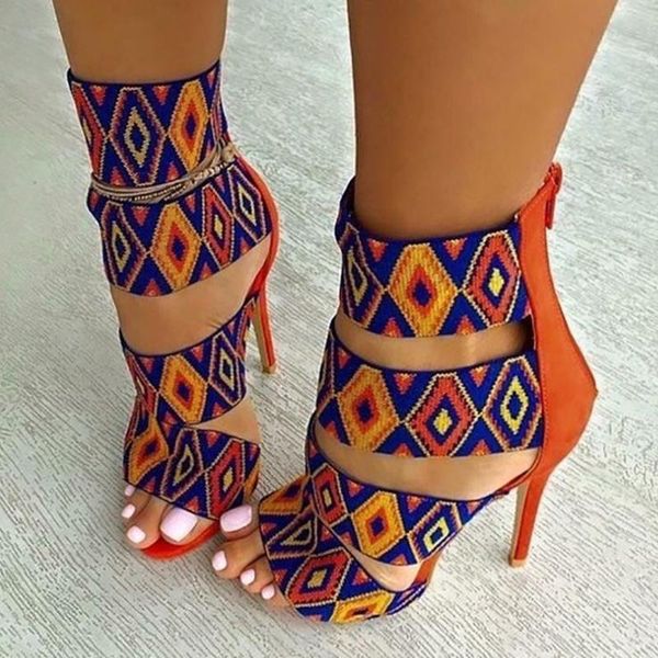 

retro style gladiator sandals open toe back zipper thin high heels fashion ladies party shoes women bohemia stiletto, Black