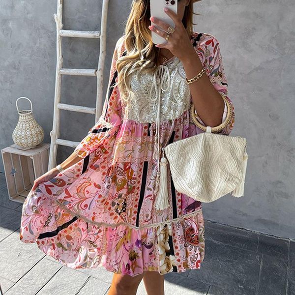 

casual dresses women elegant lace patchwork summer floral dress three quarter sleeve loose party streetwear female vestidos, Black;gray