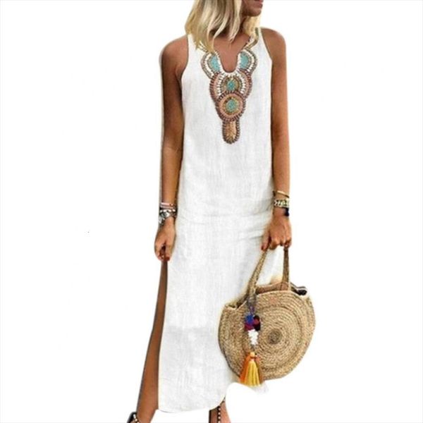 

80% summer paisley print women dresses v neck sleeveless split maxi linen loose kaftan dress, Black;gray
