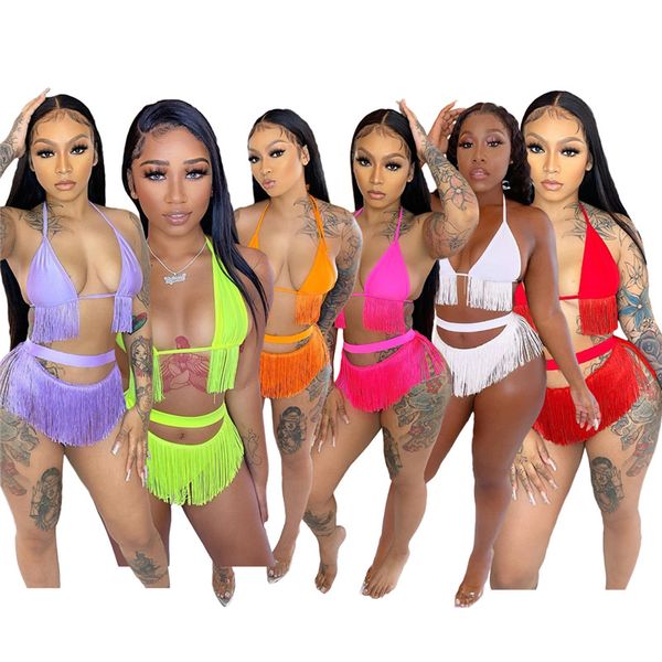 

summer swimming suits tassel bikini set women bras+shorts bathing suit solid color xl 2 piece sets beach clothes 5368, White;black