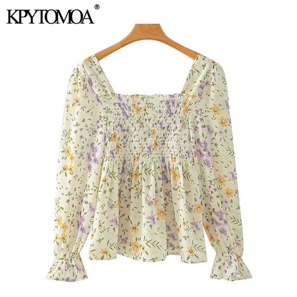 

women fashion floral print elastic smocked blouses square collar long sleeve female shirts chic 210420, White