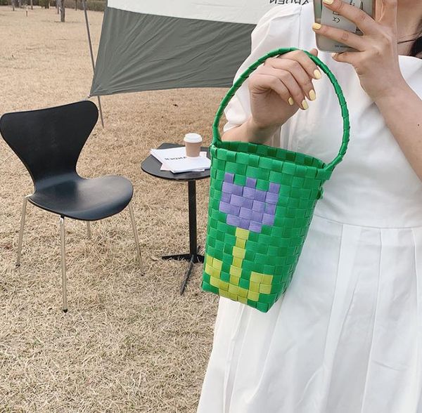 

candy color flower basket women's bag woven handbag holiday straw bags