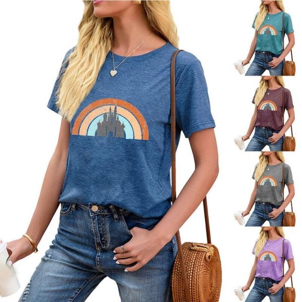 

women's t-shirt womne summer casual t shirts rainbow printing short sleeve laides tunic, White