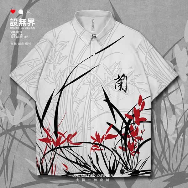 

men's casual shirts poems four gentlemen among flowers orchid chinese style ink-painting short-sleeved shirt button up summer clothes, White;black