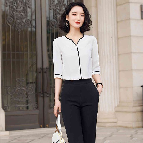 

2021 white-green half sleeve summer office to the latest fashion formal ladies 5xl female shirt, Black