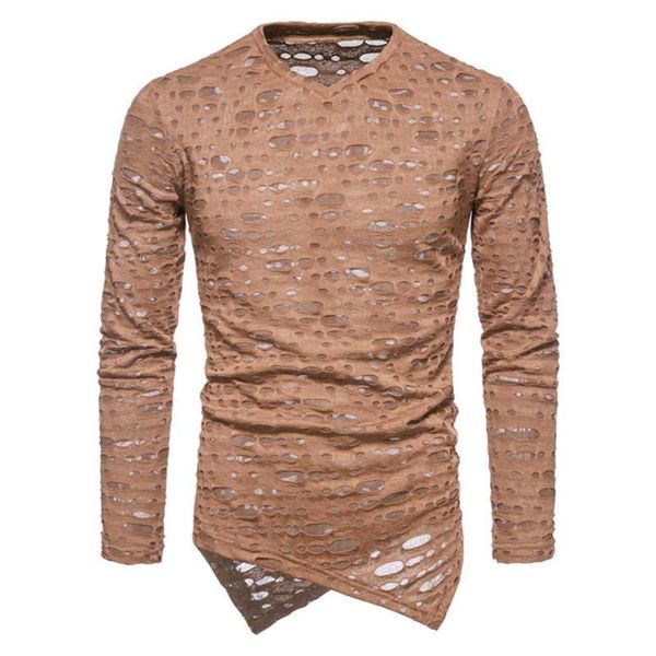 

men's t-shirts hollow irregular mens long sleeve sport t-shirt casual pullovers jogger fitness round neck pullover tee, White;black
