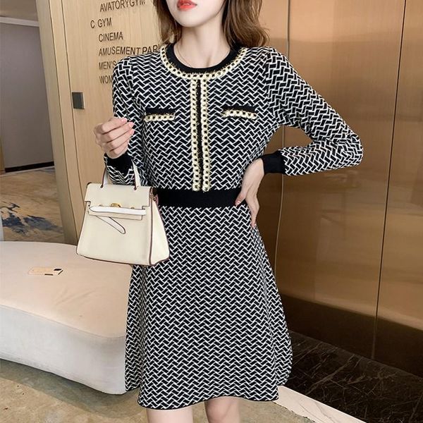 

casual dresses fall winter runway women's plaid knitted korean gold patchwork elastic warm bodycon sweater vintages dress vestidos, Black;gray