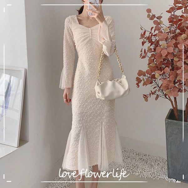 

female v-neck lace midi dress women vintage fish tail mesh dress elegant slim a line party dresses vestidos 210521, Black;gray