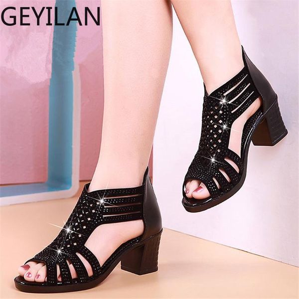 

peep toe pu leather high heels sandals women 2021 summer shoes fashion bling square heel zipper gladiator wedding, Black