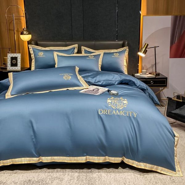 

bedding sets luxury blue cotton embroidery set solid color duvet cover bed linen fitted sheet pillowcases king  size