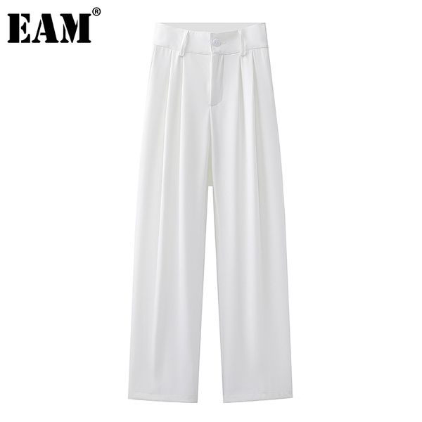 

[eam] high elastic waist white pleated casual trousers loose fit straight pants women fashion spring autumn 1dd7430 210512, Black;white