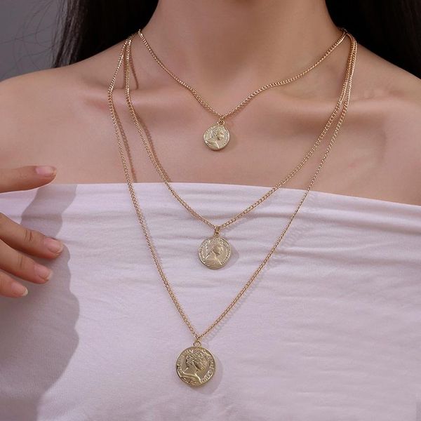 

vintage multi-layer coin chain choker necklace for women gold fashion portrait chunky long necklaces 2021 jewelry chains, Silver