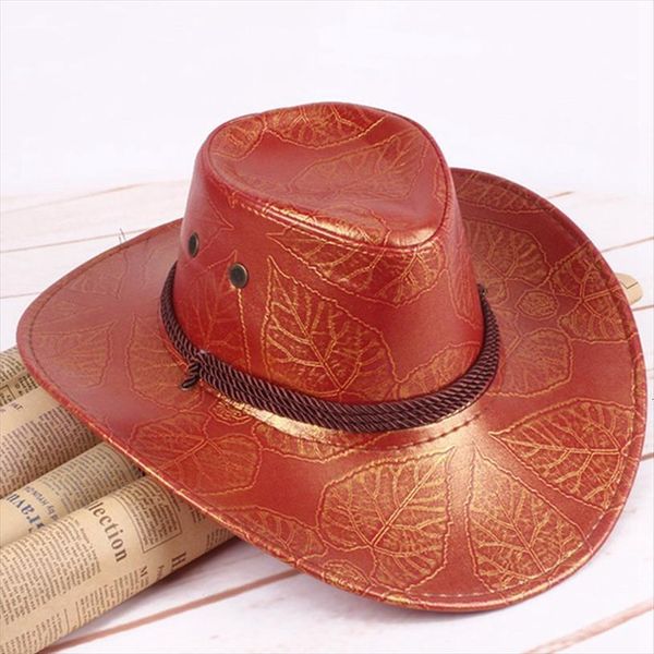 

mens pu leather american wind big western cowboy hat ladies knight outdoor visor breathable cap hip hop caps for, Blue;gray