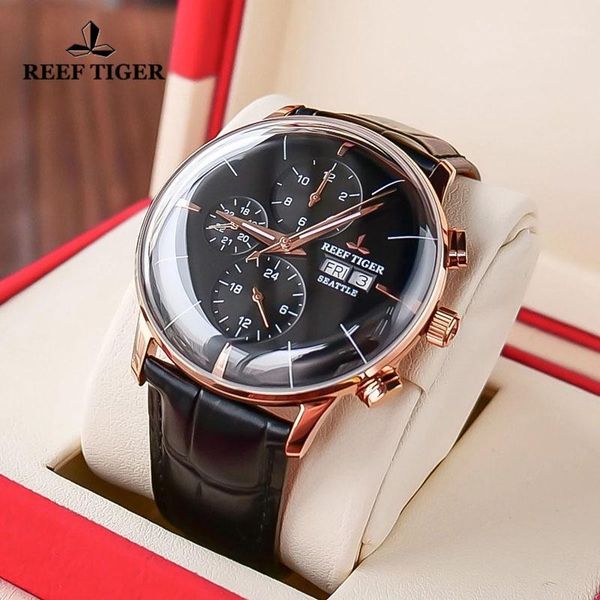 

reef tiger/rt luxury dress watch men multi function genuine leather strap rose gold business automatic mechanical wristwatches, Slivery;brown
