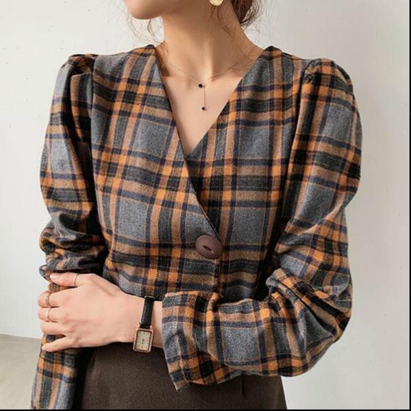 

spring v neck vintage women blouses plaid single button thick long sleeve loose casual, White