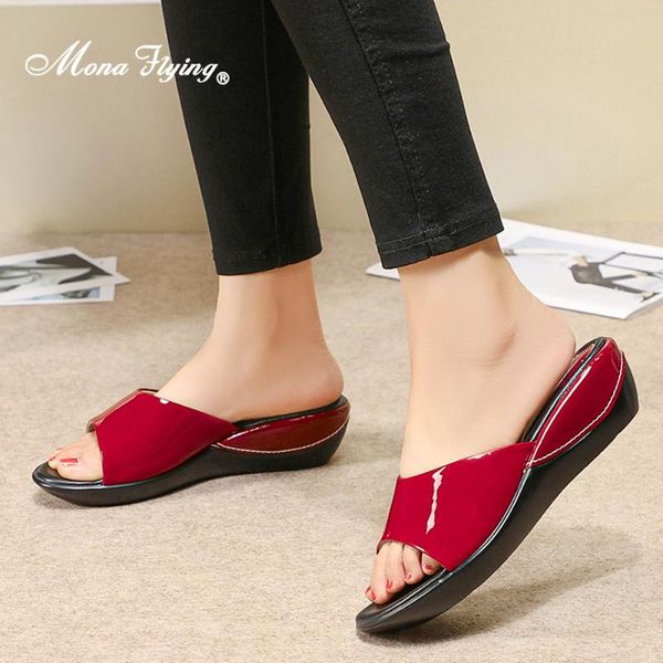 

mona flying women's genuine leather wedge heel slide sandals casual classic slippers luxury designer for shoes women 877-16, Black