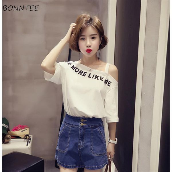 

women's t-shirt t-shirts women letter printed elegant chic loose tees daily trendy womens off shoulder leisure ladies summer korean sho, White