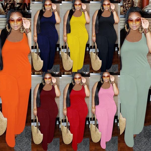 

casual summer 8 colors womens jumpsuit solid long sleeveless o neck straight pant daily, Black;white
