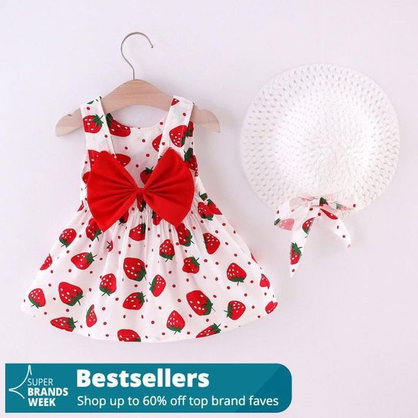 

girl's dresses girls princess summer sleeveless strawberry print bow tie kawaii dress hat outfits girl clothes, Red;yellow