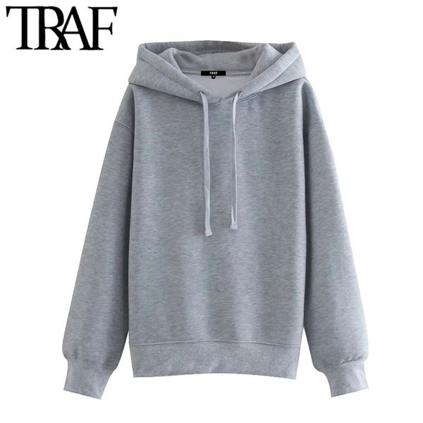 

traf women fashion drawstring hooded loose hoodies sweatshirts vintage long sleeve fleece female pullovers chic 210415, Black
