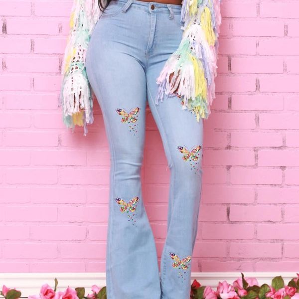 

jeans for women highwaist 2021 fashion casual colorful printing pockets skinny pencil denim stretch slim flared pants women's, Blue
