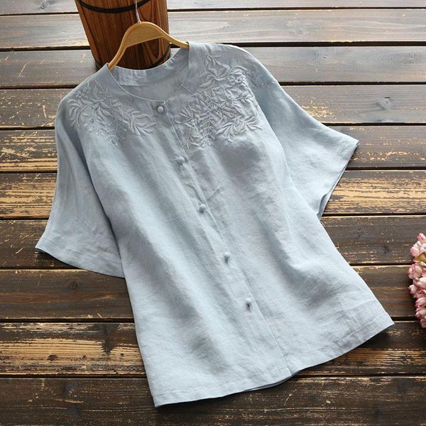

women's blouses & shirts 7622 summer women blouse chinese style literary vintage embroidery o-neck short sleeve shirt ramie loose casua, White