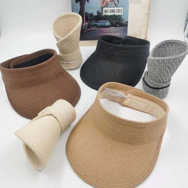 

wide brim hats women's fashion straw sun caps handmade conciseness rollable drafting hat uv protection foldable beach #p1, Blue;gray
