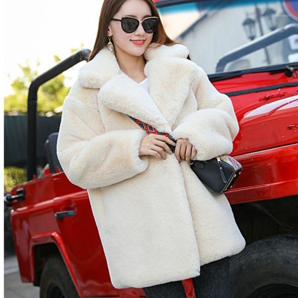 

women's fur & faux winter women coat luxury loose lapel overcoat thick warm plus size female plush coats, Black