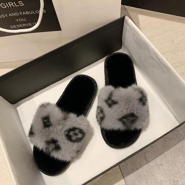 

slippers winter furry slides for women fuzzy women's home flat cotton shoes woman zapatillas de mujer pantoufle femme, Black