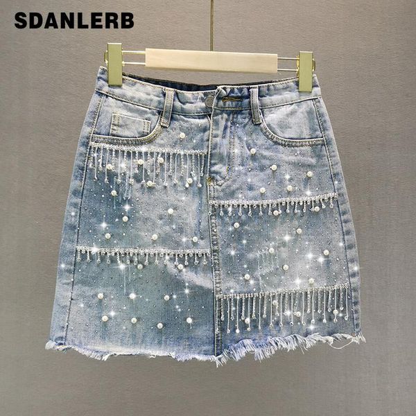 

skirts 2021 summer slim denim skirt women's heavy beaded rhinestone tassel female one step short mini jean jupe mujer, Black