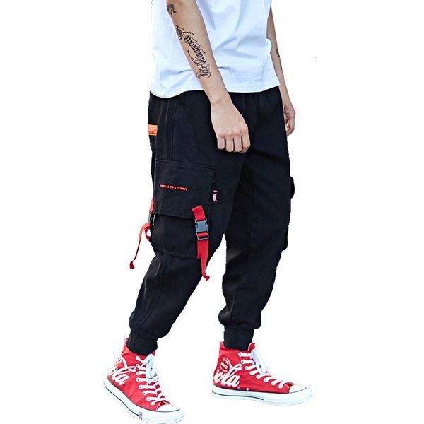 

pants male trousers hip hop fashion posts harem pockets sweatpants runner tapes carrying gout abz115, Black
