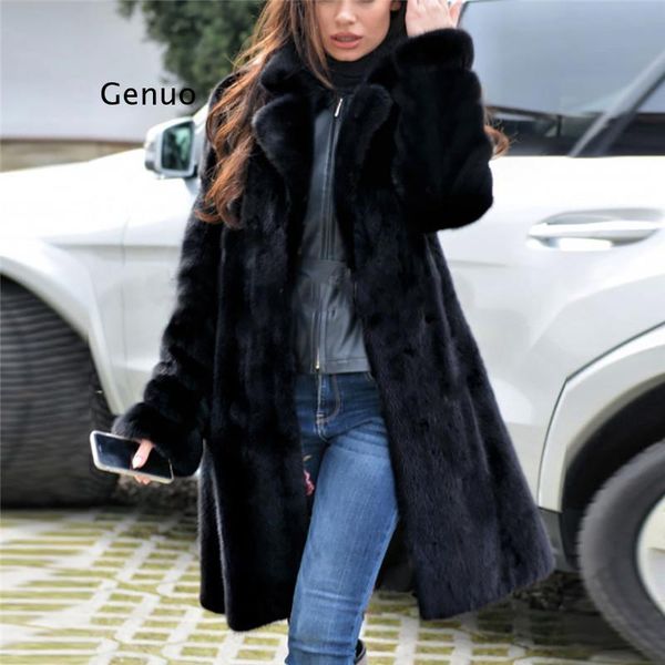 

women's fur & faux autumn winter mink coat imitation long warm windbreaker europe and the united states code s-4xl, Black