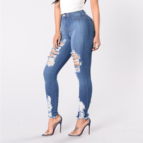 

women's jeans elastic ripped slim pencil pant trendy solid hole vintage high waist tassel skinny denim pants plus size, Blue